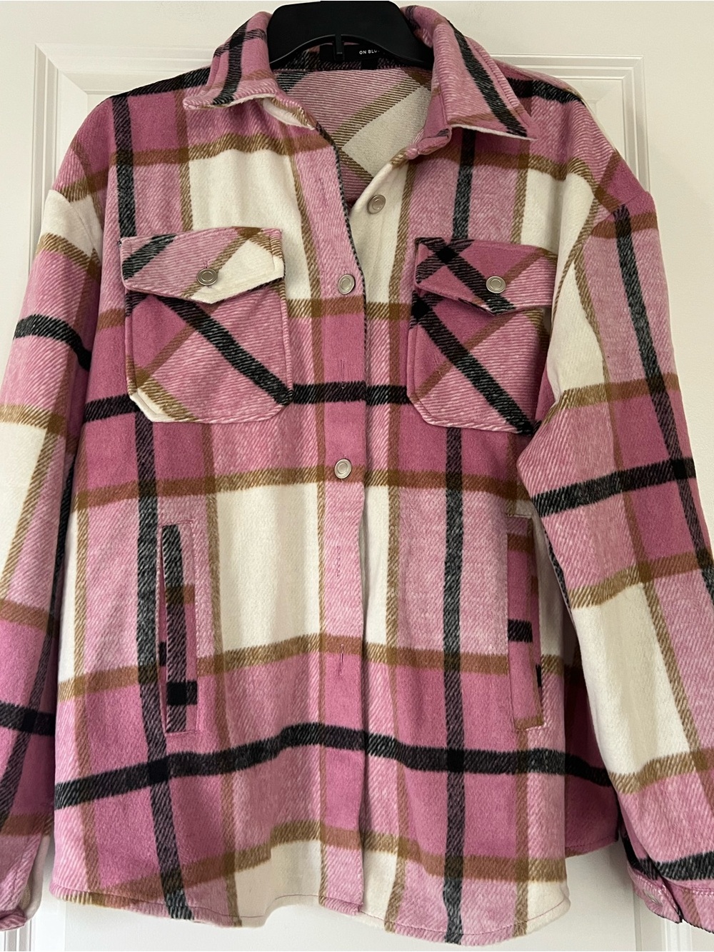 On Blue Pink Plaid Utility Shacket Jacket with Snap Pockets